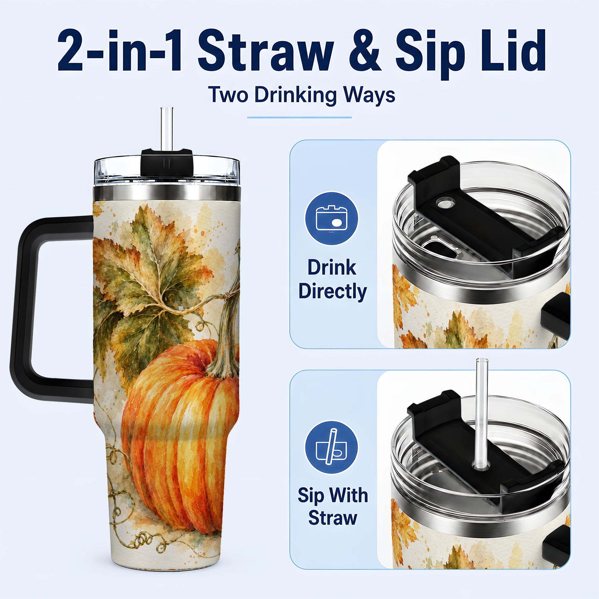 #pl[40oz|Black] Watercolor Pumpkin 40oz Tumbler with Handle, Stainless Steel Travel Cup