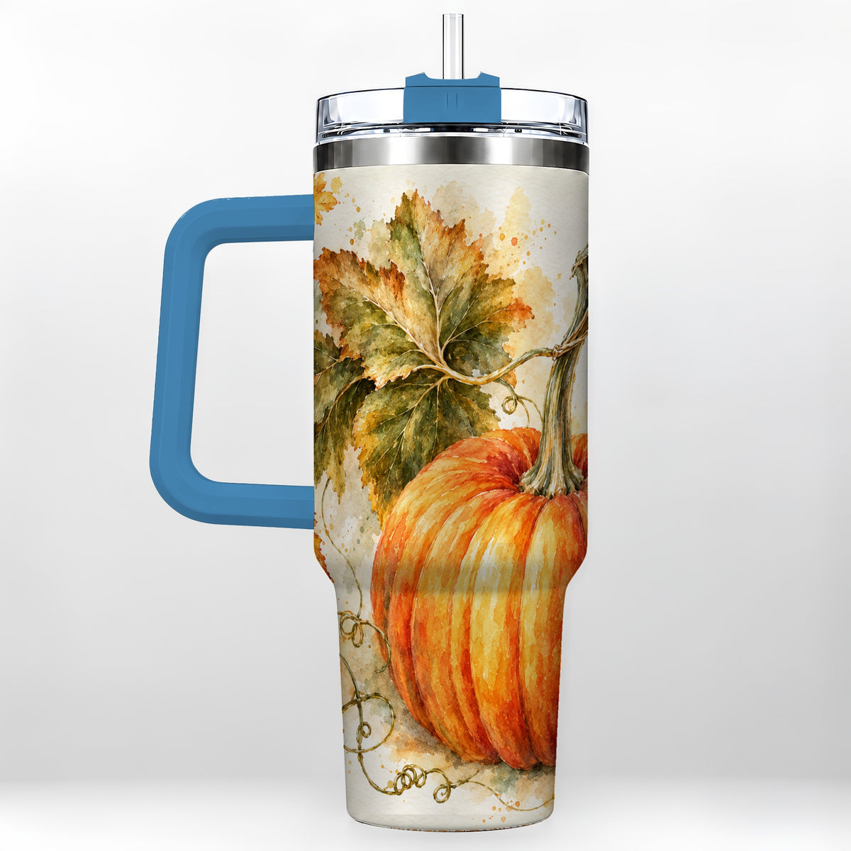 #pl[40oz|Blue] Watercolor Pumpkin 40oz Tumbler with Handle, Stainless Steel Travel Cup