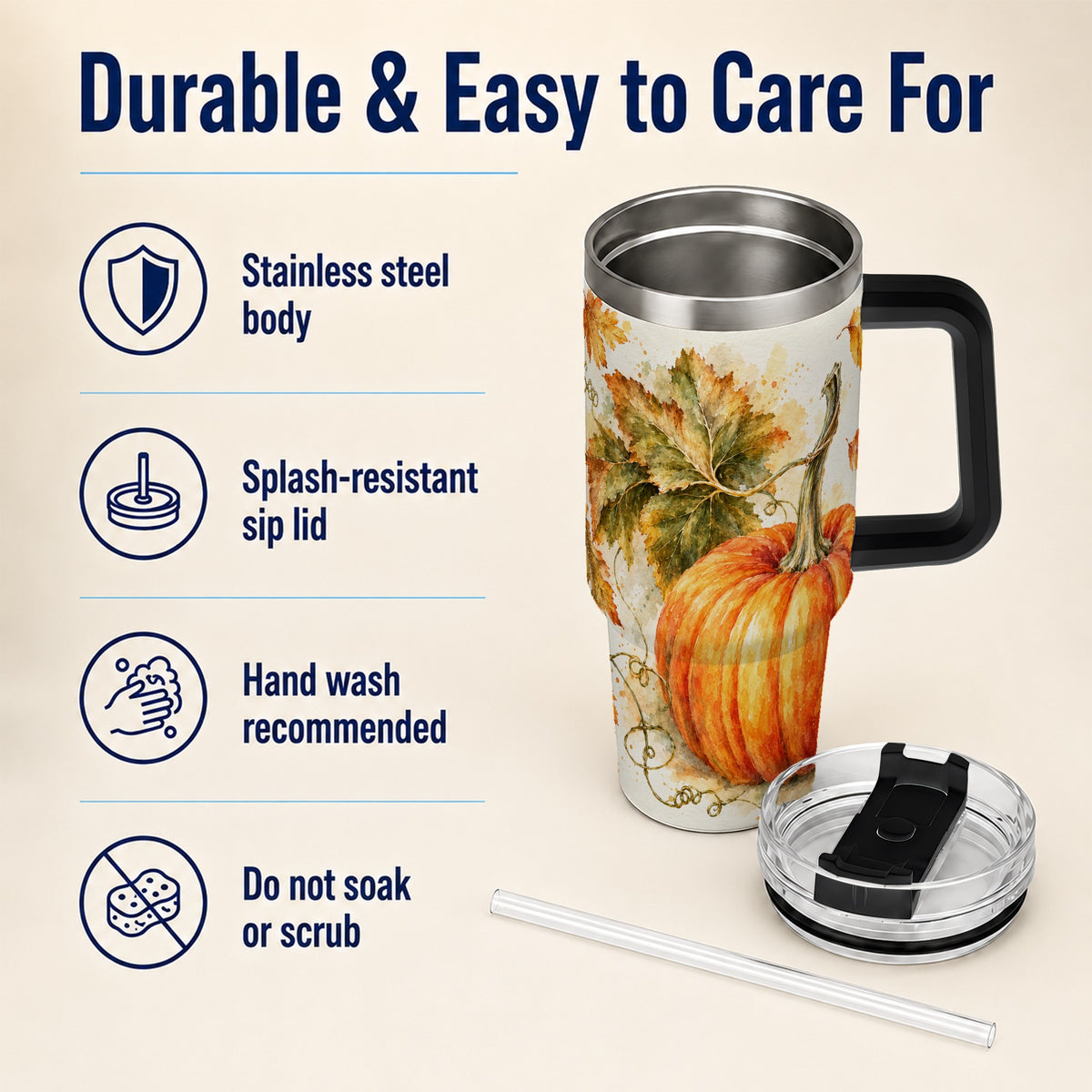 #pl[40oz|Black] Watercolor Pumpkin 40oz Tumbler with Handle, Stainless Steel Travel Cup