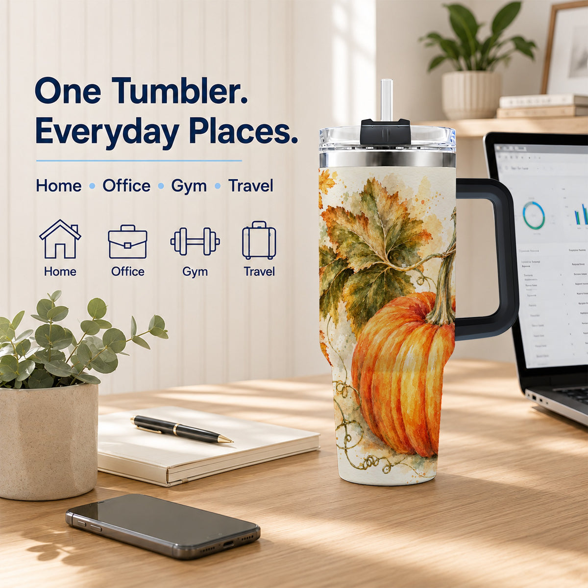 #pl[40oz|Black] Watercolor Pumpkin 40oz Tumbler with Handle, Stainless Steel Travel Cup