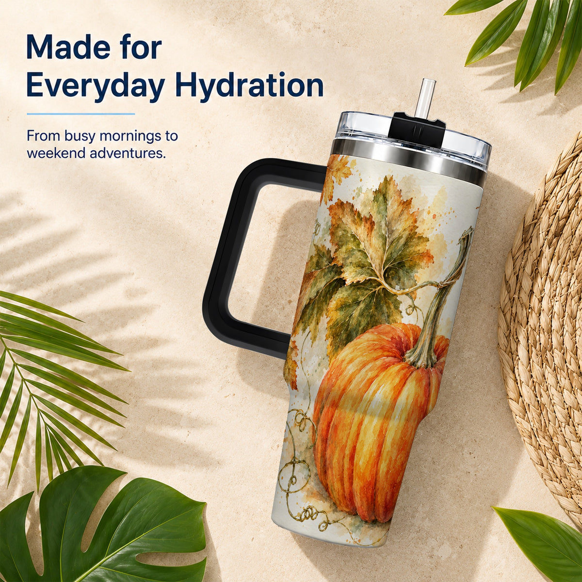 #pl[40oz|Black] Watercolor Pumpkin 40oz Tumbler with Handle, Stainless Steel Travel Cup