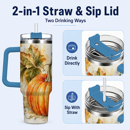 #pl[40oz|Blue] Watercolor Pumpkin 40oz Tumbler with Handle, Stainless Steel Travel Cup