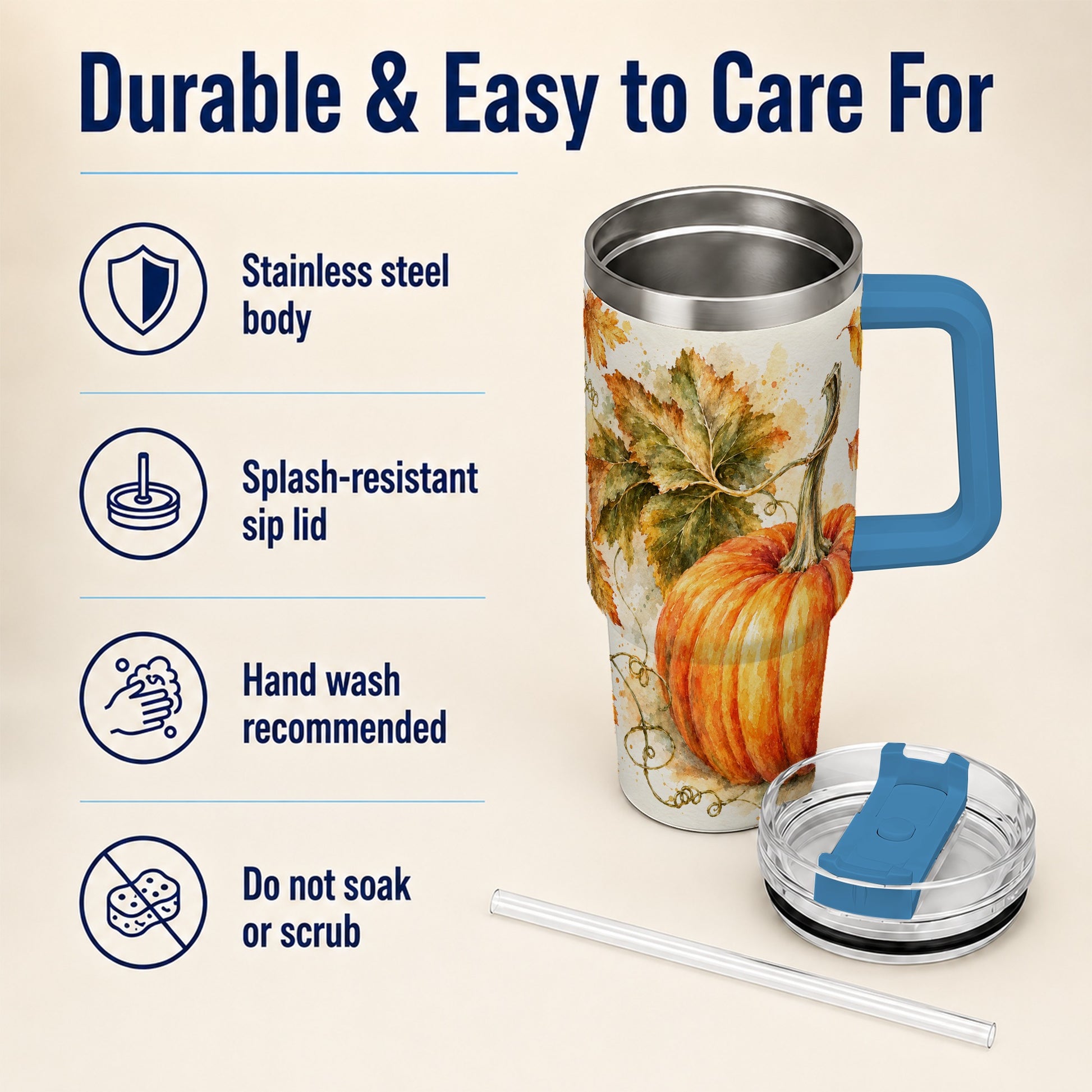 #pl[40oz|Blue] Watercolor Pumpkin 40oz Tumbler with Handle, Stainless Steel Travel Cup
