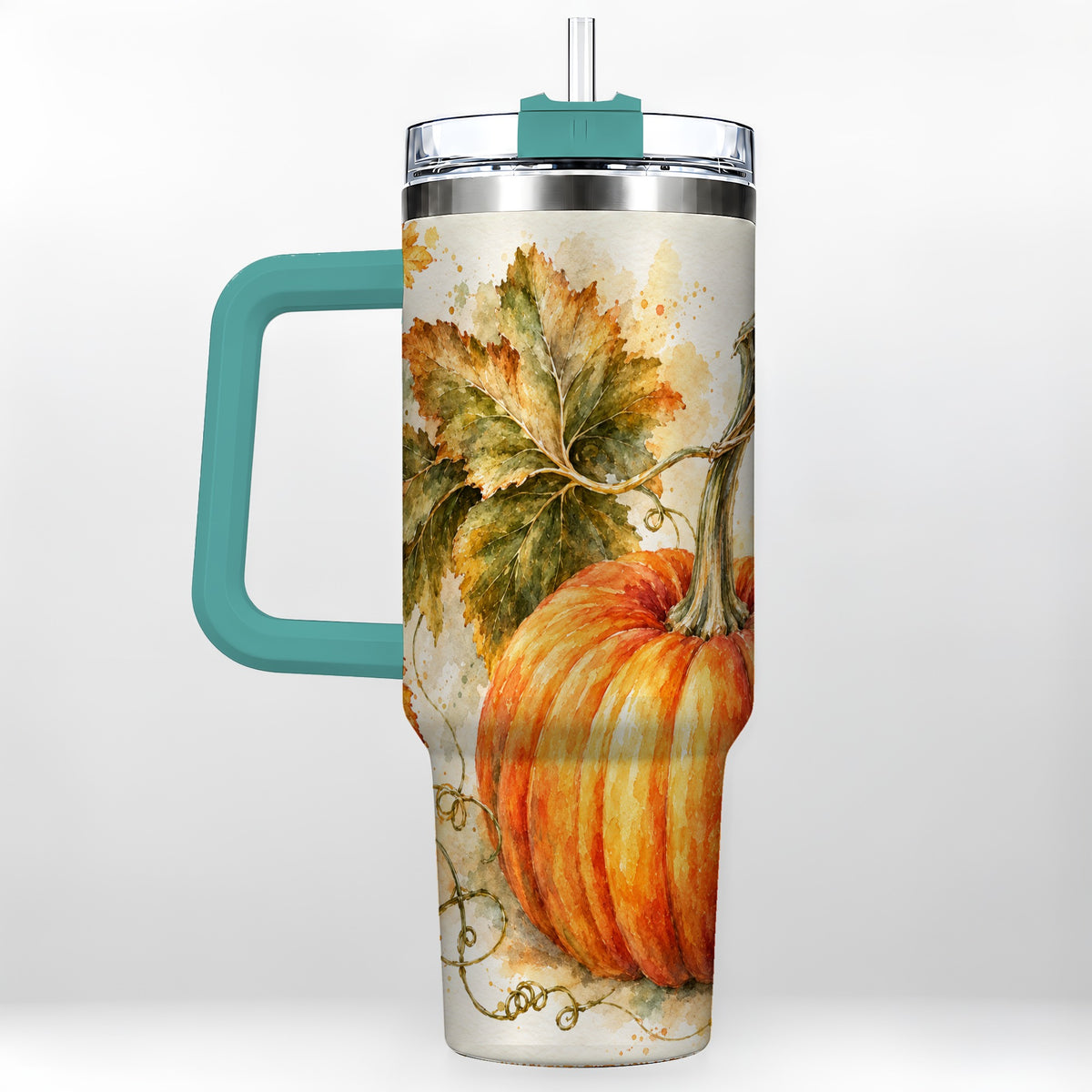 #pl[40oz|Green] Watercolor Pumpkin 40oz Tumbler with Handle, Stainless Steel Travel Cup