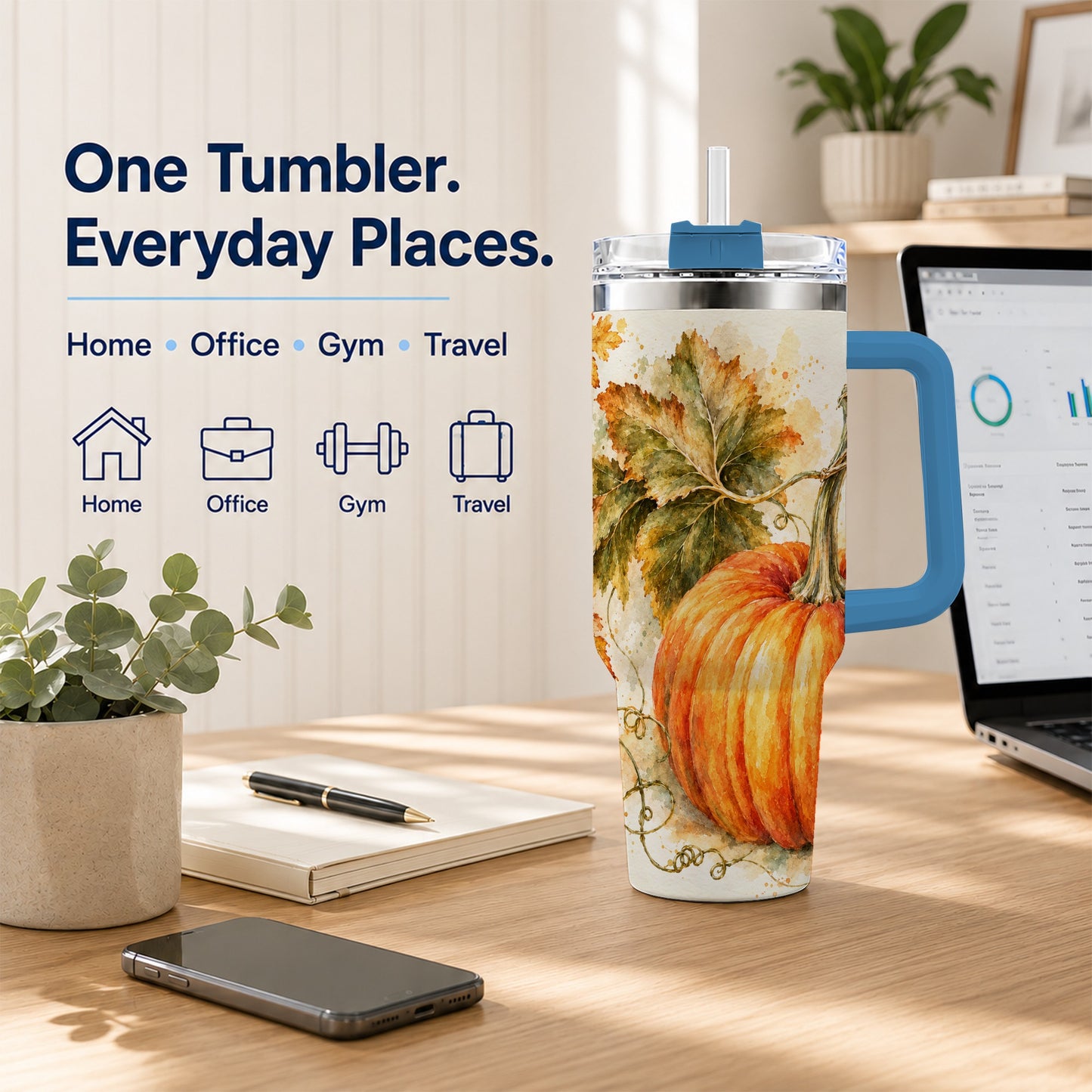 #pl[40oz|Blue] Watercolor Pumpkin 40oz Tumbler with Handle, Stainless Steel Travel Cup