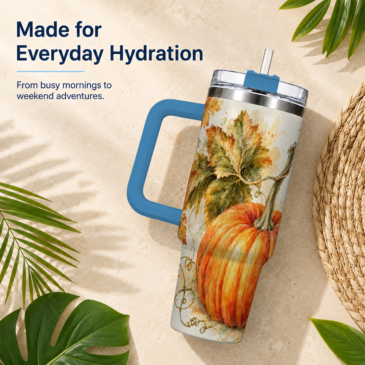 #pl[40oz|Blue] Watercolor Pumpkin 40oz Tumbler with Handle, Stainless Steel Travel Cup