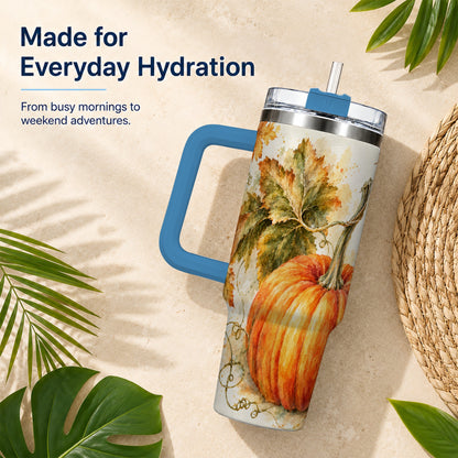 #pl[40oz|Blue] Watercolor Pumpkin 40oz Tumbler with Handle, Stainless Steel Travel Cup