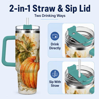 #pl[40oz|Green] Watercolor Pumpkin 40oz Tumbler with Handle, Stainless Steel Travel Cup