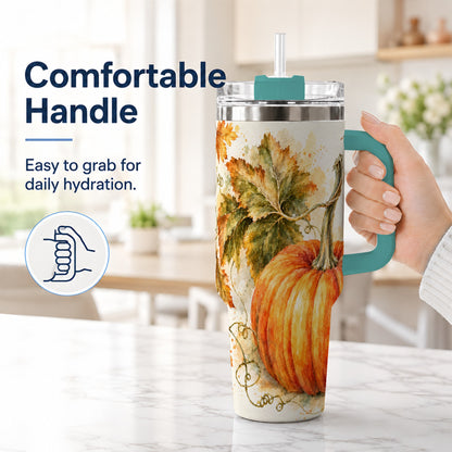 #pl[40oz|Green] Watercolor Pumpkin 40oz Tumbler with Handle, Stainless Steel Travel Cup