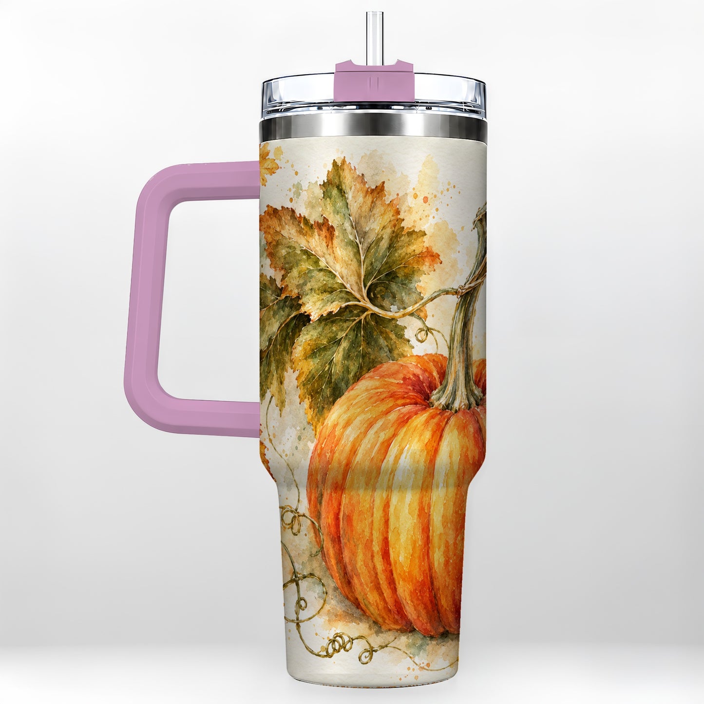 #pl[40oz|Pink] Watercolor Pumpkin 40oz Tumbler with Handle, Stainless Steel Travel Cup
