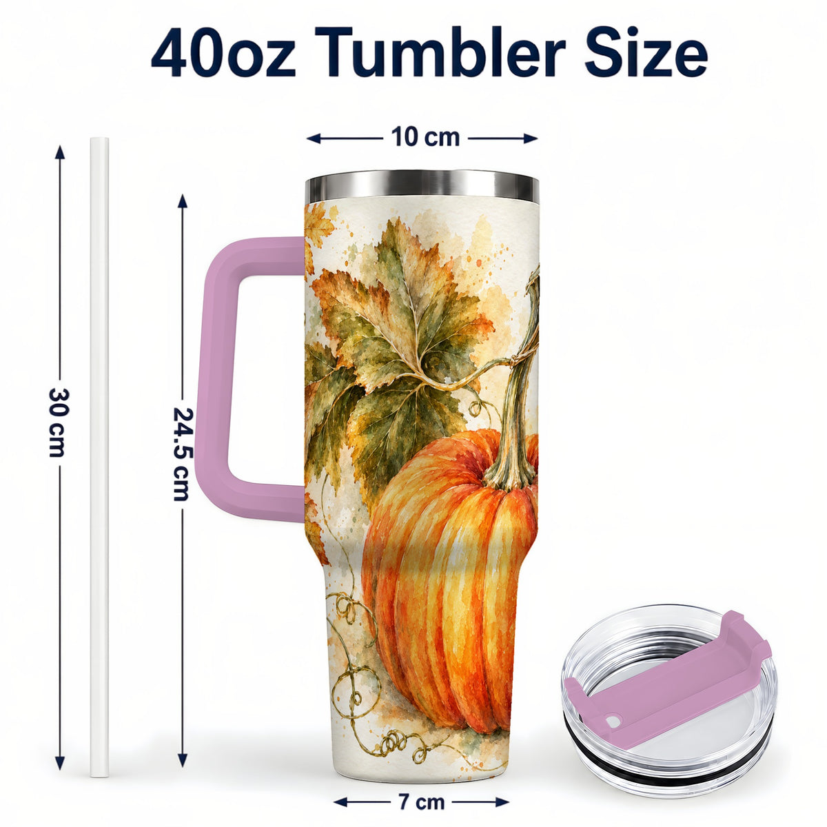 #pl[40oz|Pink] Watercolor Pumpkin 40oz Tumbler with Handle, Stainless Steel Travel Cup