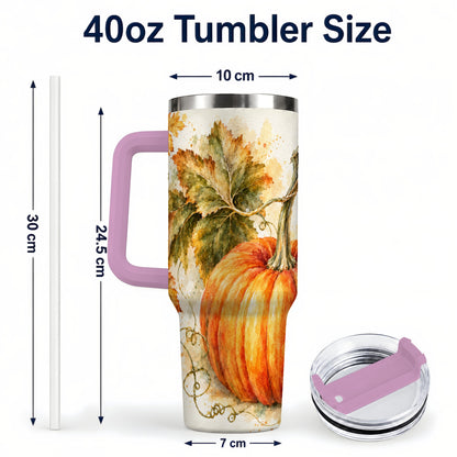 #pl[40oz|Pink] Watercolor Pumpkin 40oz Tumbler with Handle, Stainless Steel Travel Cup