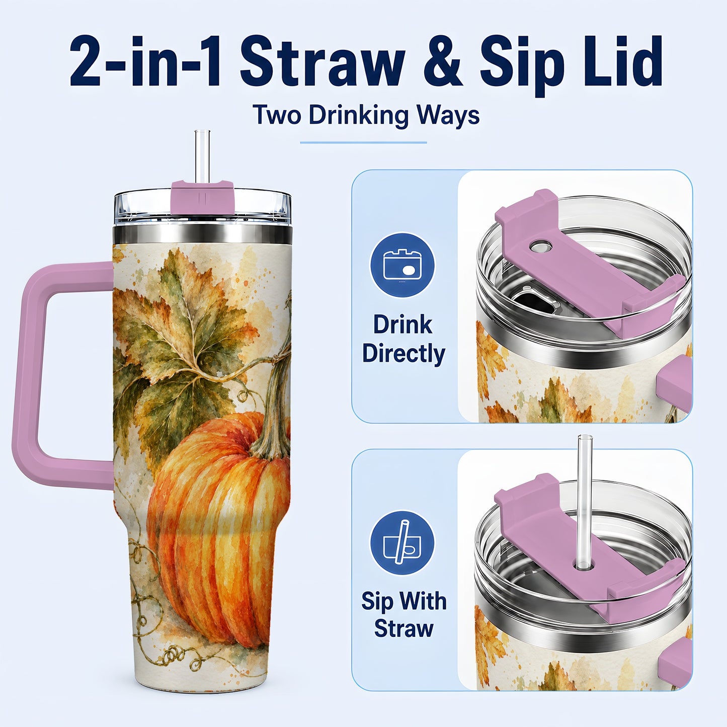#pl[40oz|Pink] Watercolor Pumpkin 40oz Tumbler with Handle, Stainless Steel Travel Cup