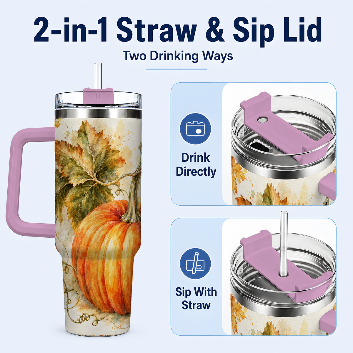 #pl[40oz|Pink] Watercolor Pumpkin 40oz Tumbler with Handle, Stainless Steel Travel Cup