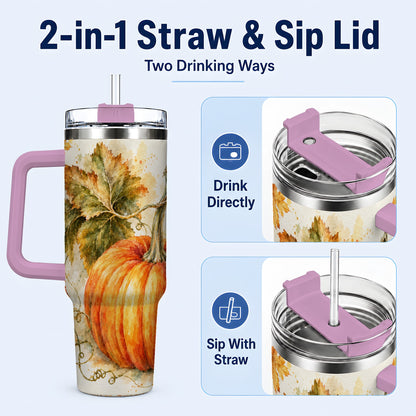 #pl[40oz|Pink] Watercolor Pumpkin 40oz Tumbler with Handle, Stainless Steel Travel Cup