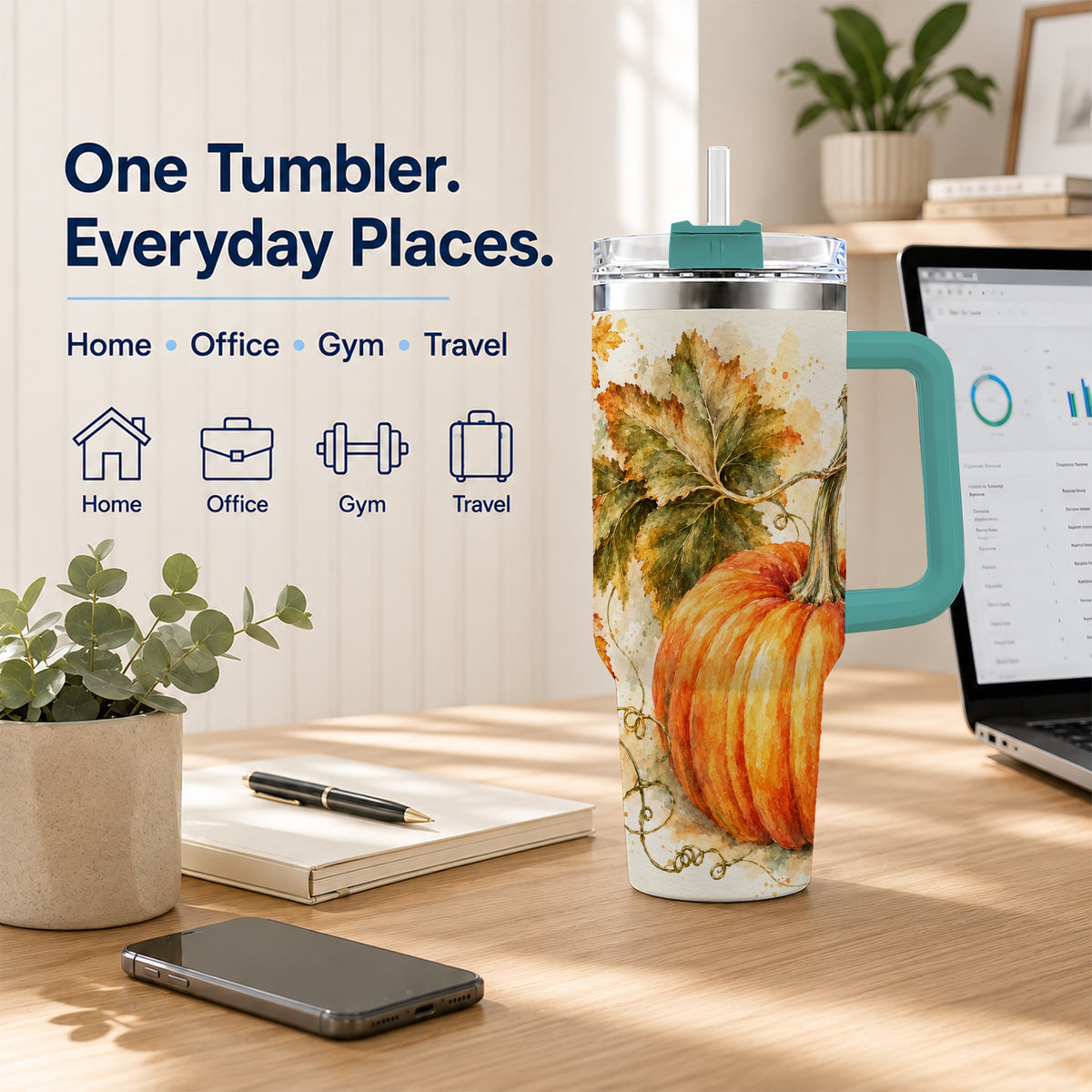 #pl[40oz|Green] Watercolor Pumpkin 40oz Tumbler with Handle, Stainless Steel Travel Cup