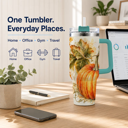#pl[40oz|Green] Watercolor Pumpkin 40oz Tumbler with Handle, Stainless Steel Travel Cup