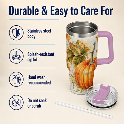 #pl[40oz|Pink] Watercolor Pumpkin 40oz Tumbler with Handle, Stainless Steel Travel Cup