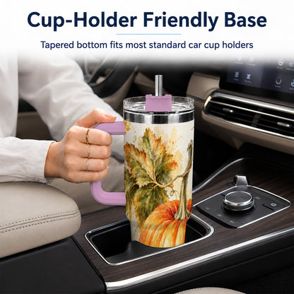 #pl[40oz|Pink] Watercolor Pumpkin 40oz Tumbler with Handle, Stainless Steel Travel Cup