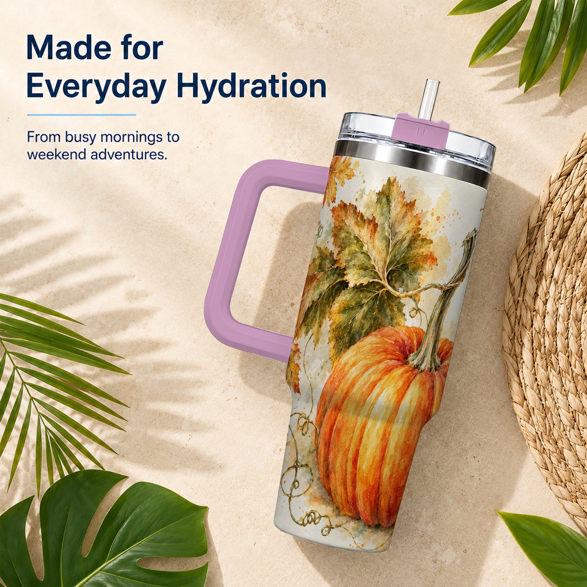 #pl[40oz|Pink] Watercolor Pumpkin 40oz Tumbler with Handle, Stainless Steel Travel Cup