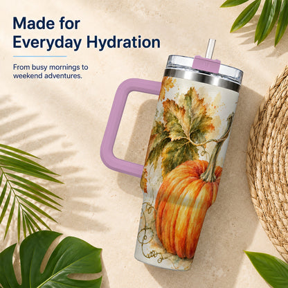#pl[40oz|Pink] Watercolor Pumpkin 40oz Tumbler with Handle, Stainless Steel Travel Cup