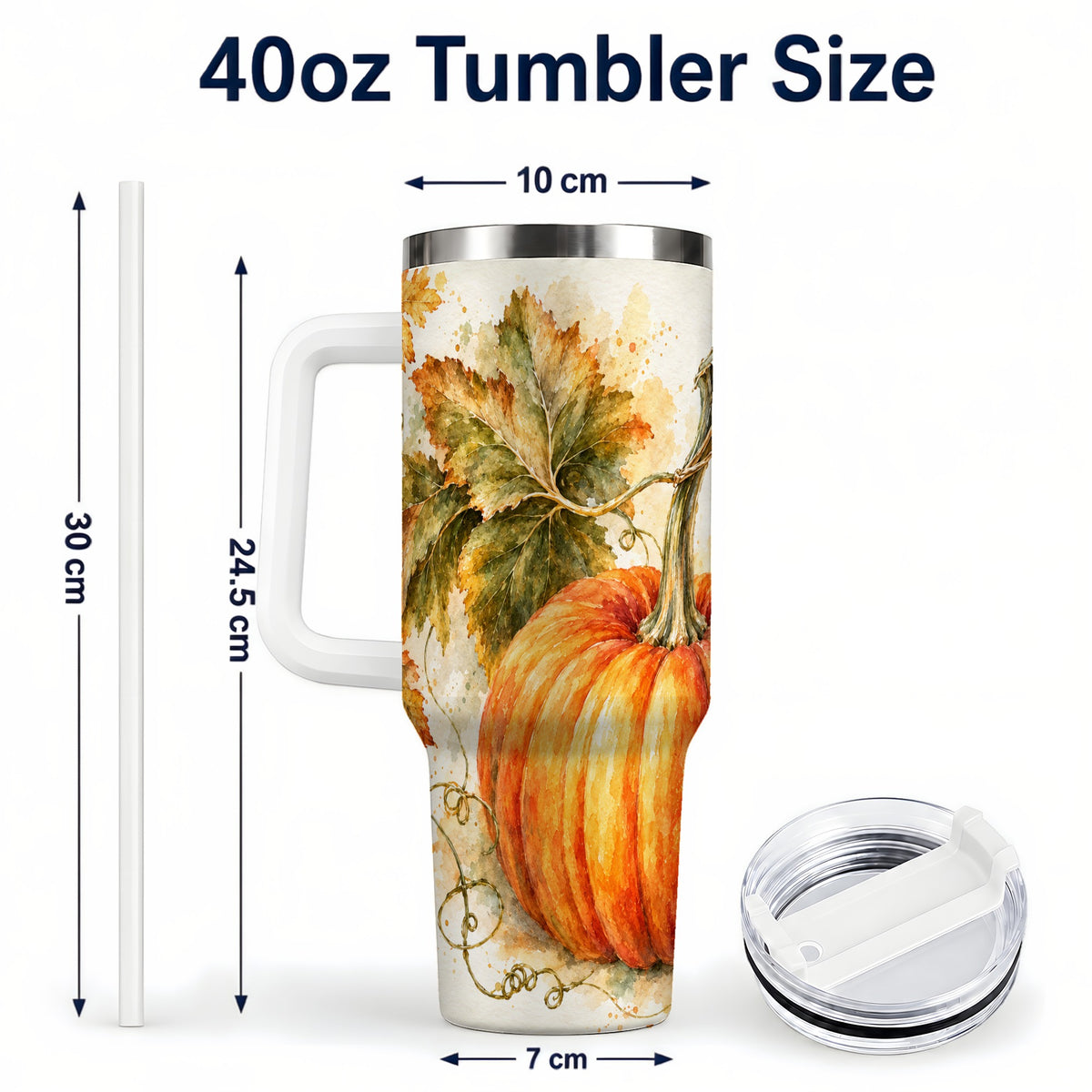 #pl[40oz|White] Watercolor Pumpkin 40oz Tumbler with Handle, Stainless Steel Travel Cup