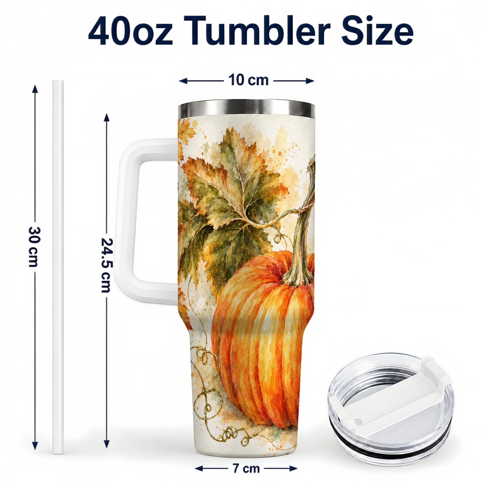 #pl[40oz|White] Watercolor Pumpkin 40oz Tumbler with Handle, Stainless Steel Travel Cup