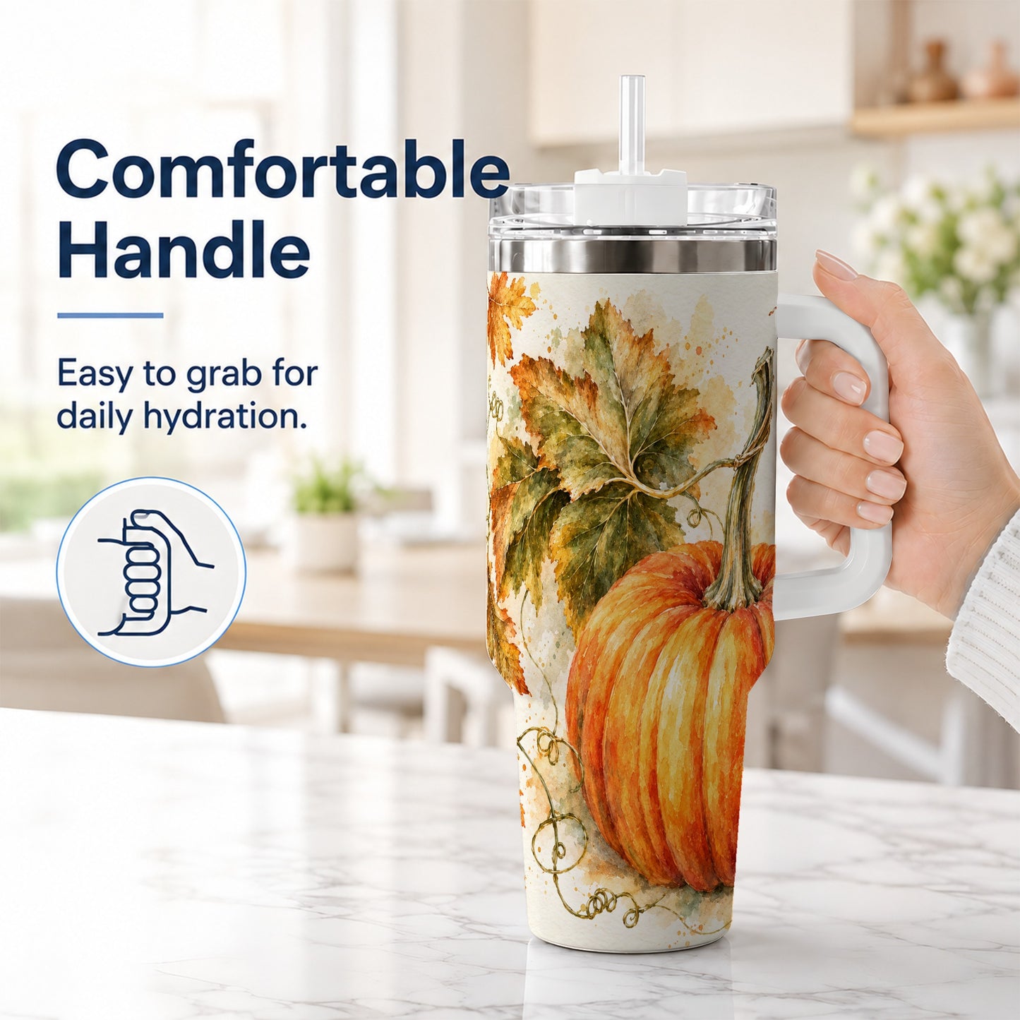 #pl[40oz|White] Watercolor Pumpkin 40oz Tumbler with Handle, Stainless Steel Travel Cup