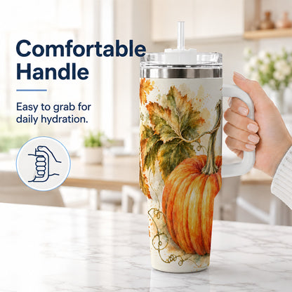 #pl[40oz|White] Watercolor Pumpkin 40oz Tumbler with Handle, Stainless Steel Travel Cup