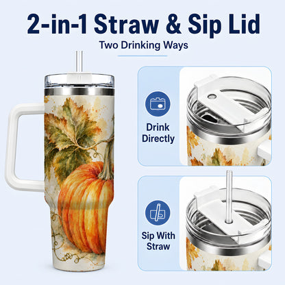 #pl[40oz|White] Watercolor Pumpkin 40oz Tumbler with Handle, Stainless Steel Travel Cup