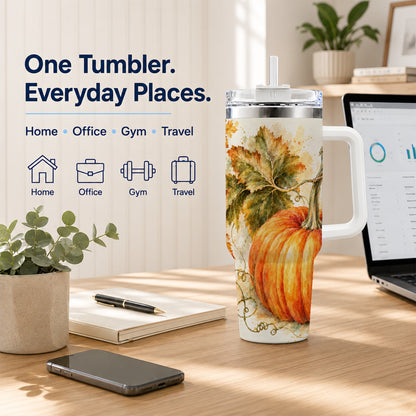 #pl[40oz|White] Watercolor Pumpkin 40oz Tumbler with Handle, Stainless Steel Travel Cup