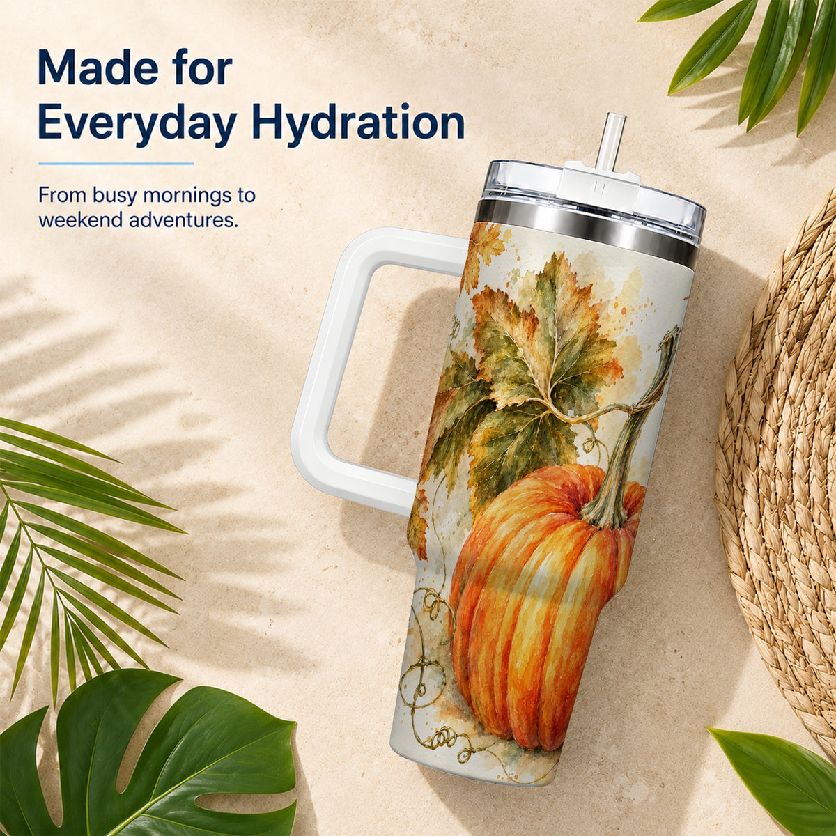 #pl[40oz|White] Watercolor Pumpkin 40oz Tumbler with Handle, Stainless Steel Travel Cup