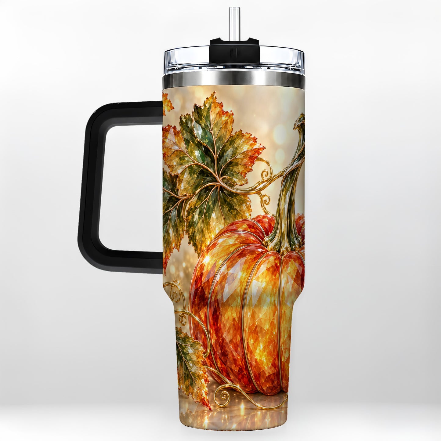 #pl[40oz|Black] Faceted Pumpkin 40oz Tumbler with Handle, Stainless Steel Travel Cup