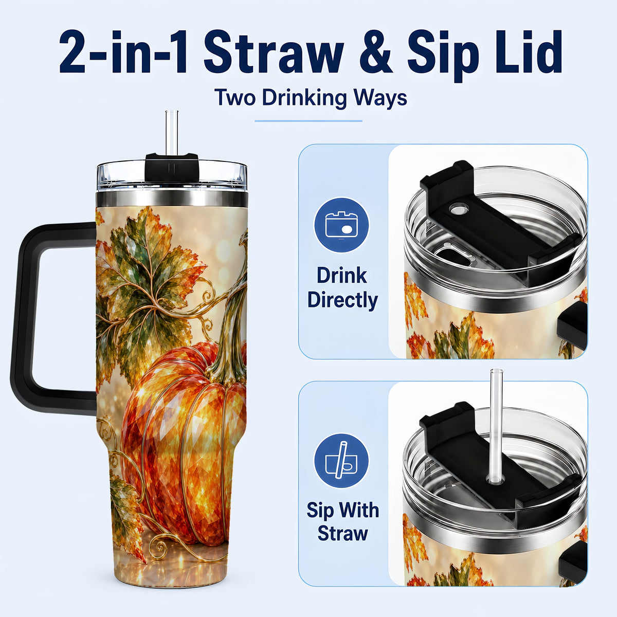 #pl[40oz|Black] Faceted Pumpkin 40oz Tumbler with Handle, Stainless Steel Travel Cup
