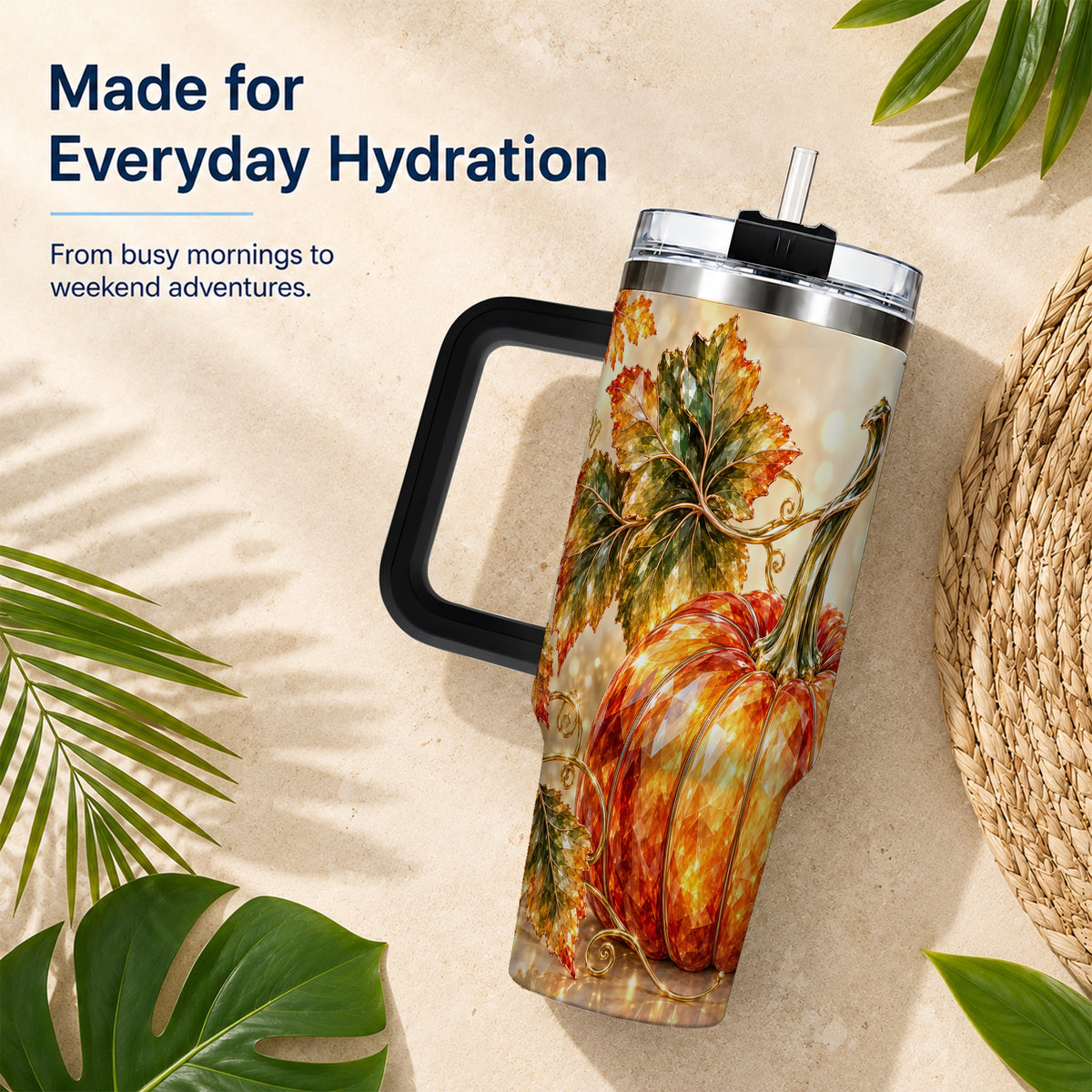 #pl[40oz|Black] Faceted Pumpkin 40oz Tumbler with Handle, Stainless Steel Travel Cup