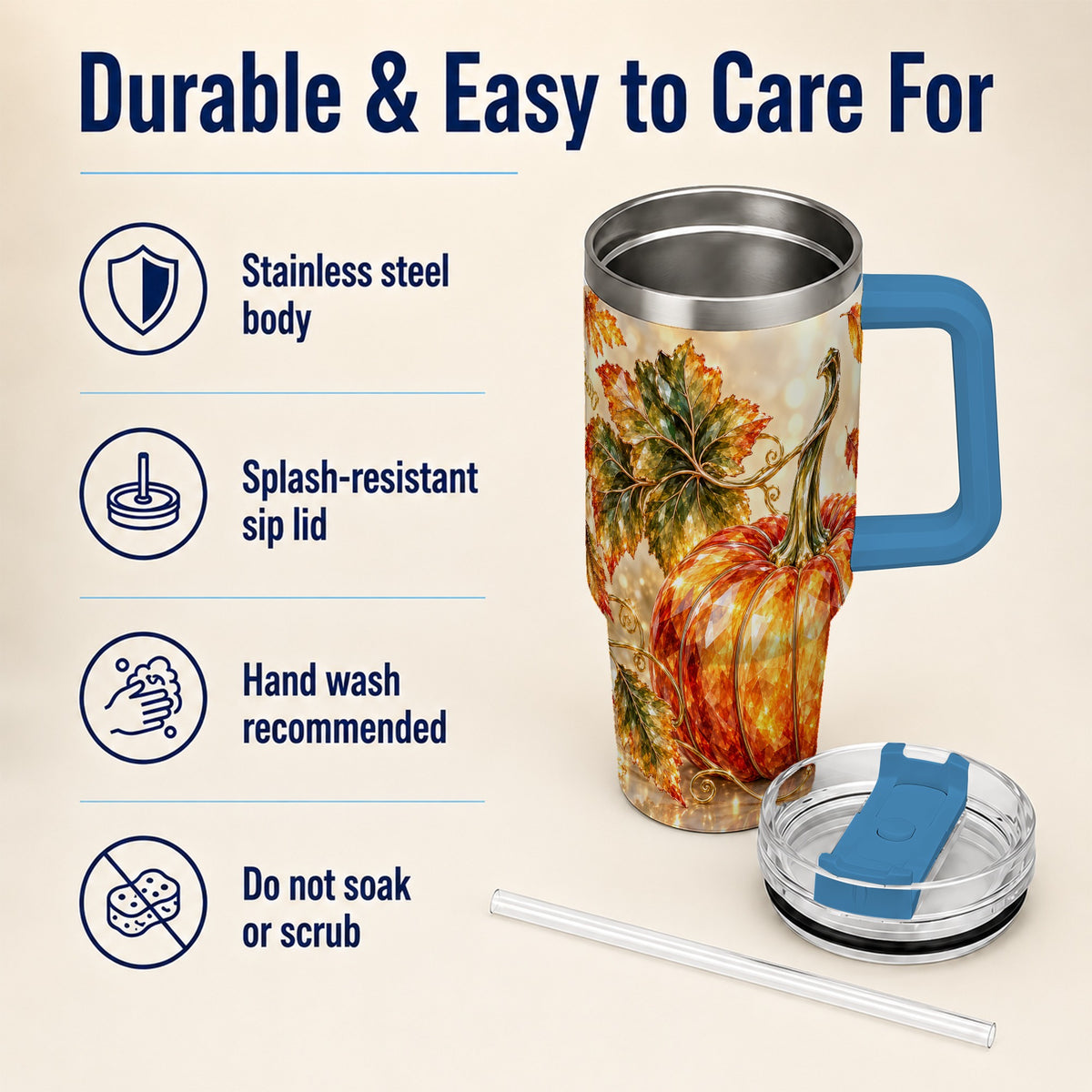 #pl[40oz|Blue] Faceted Pumpkin 40oz Tumbler with Handle, Stainless Steel Travel Cup