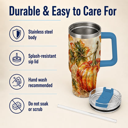 #pl[40oz|Blue] Faceted Pumpkin 40oz Tumbler with Handle, Stainless Steel Travel Cup