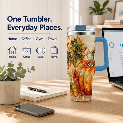 #pl[40oz|Blue] Faceted Pumpkin 40oz Tumbler with Handle, Stainless Steel Travel Cup