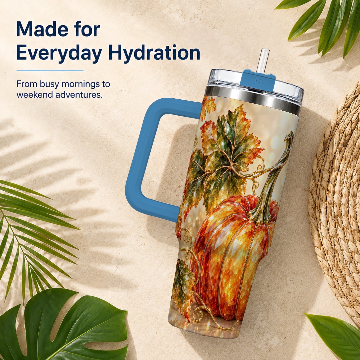 #pl[40oz|Blue] Faceted Pumpkin 40oz Tumbler with Handle, Stainless Steel Travel Cup