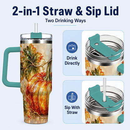 #pl[40oz|Green] Faceted Pumpkin 40oz Tumbler with Handle, Stainless Steel Travel Cup