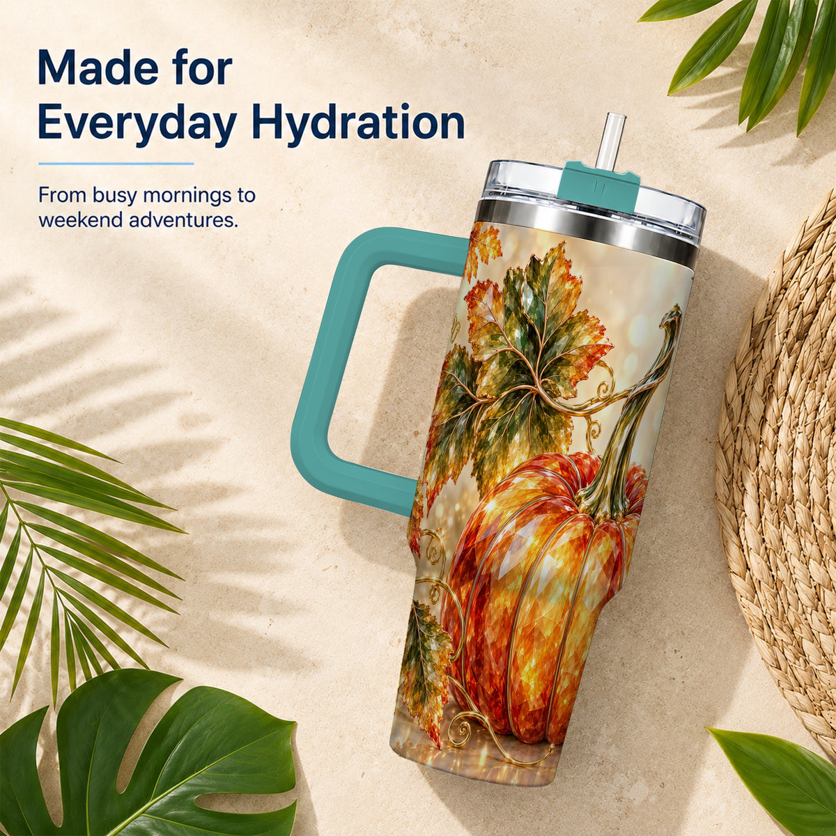 #pl[40oz|Green] Faceted Pumpkin 40oz Tumbler with Handle, Stainless Steel Travel Cup
