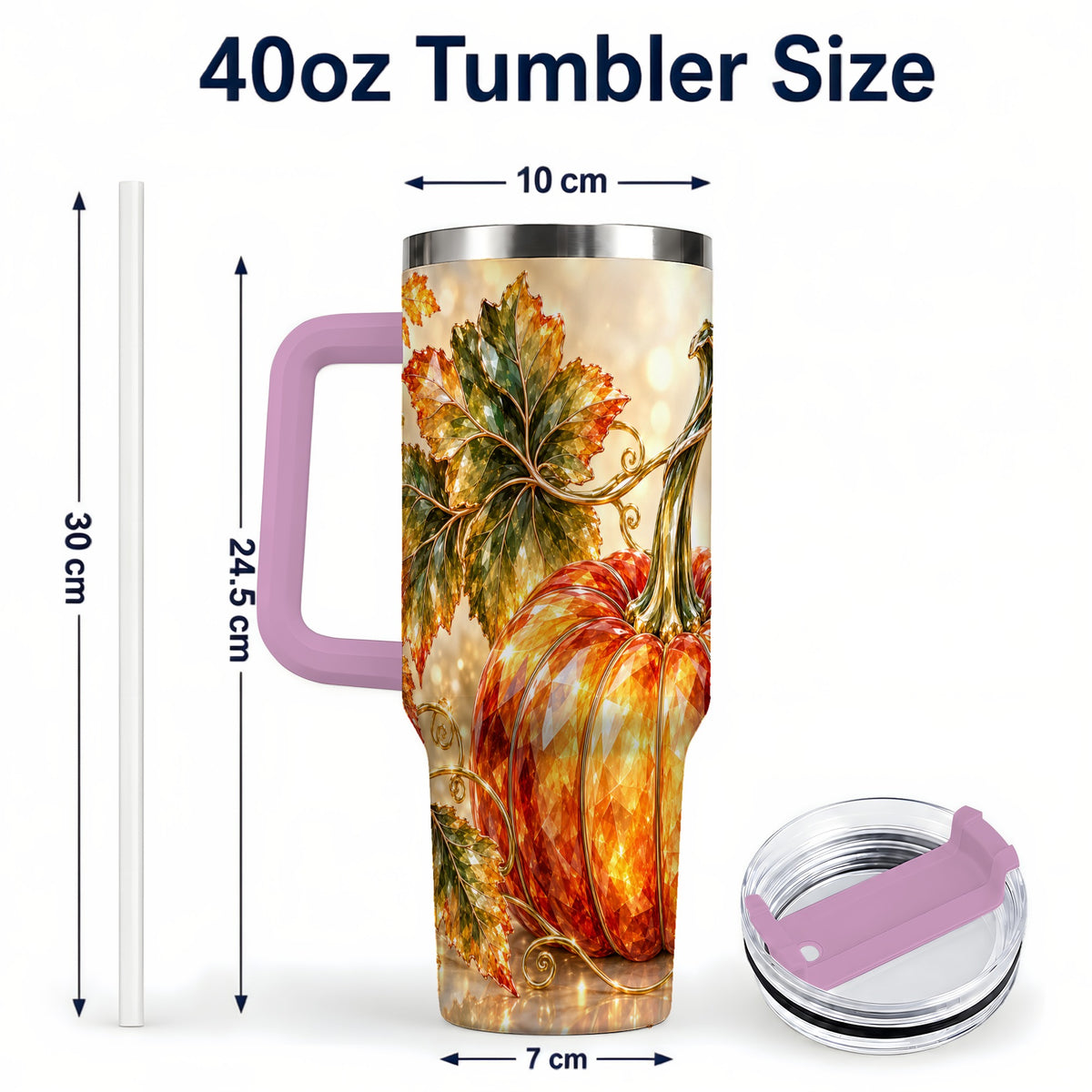 #pl[40oz|Pink] Faceted Pumpkin 40oz Tumbler with Handle, Stainless Steel Travel Cup