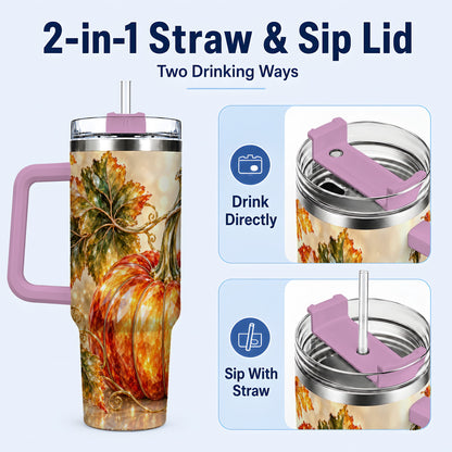 #pl[40oz|Pink] Faceted Pumpkin 40oz Tumbler with Handle, Stainless Steel Travel Cup