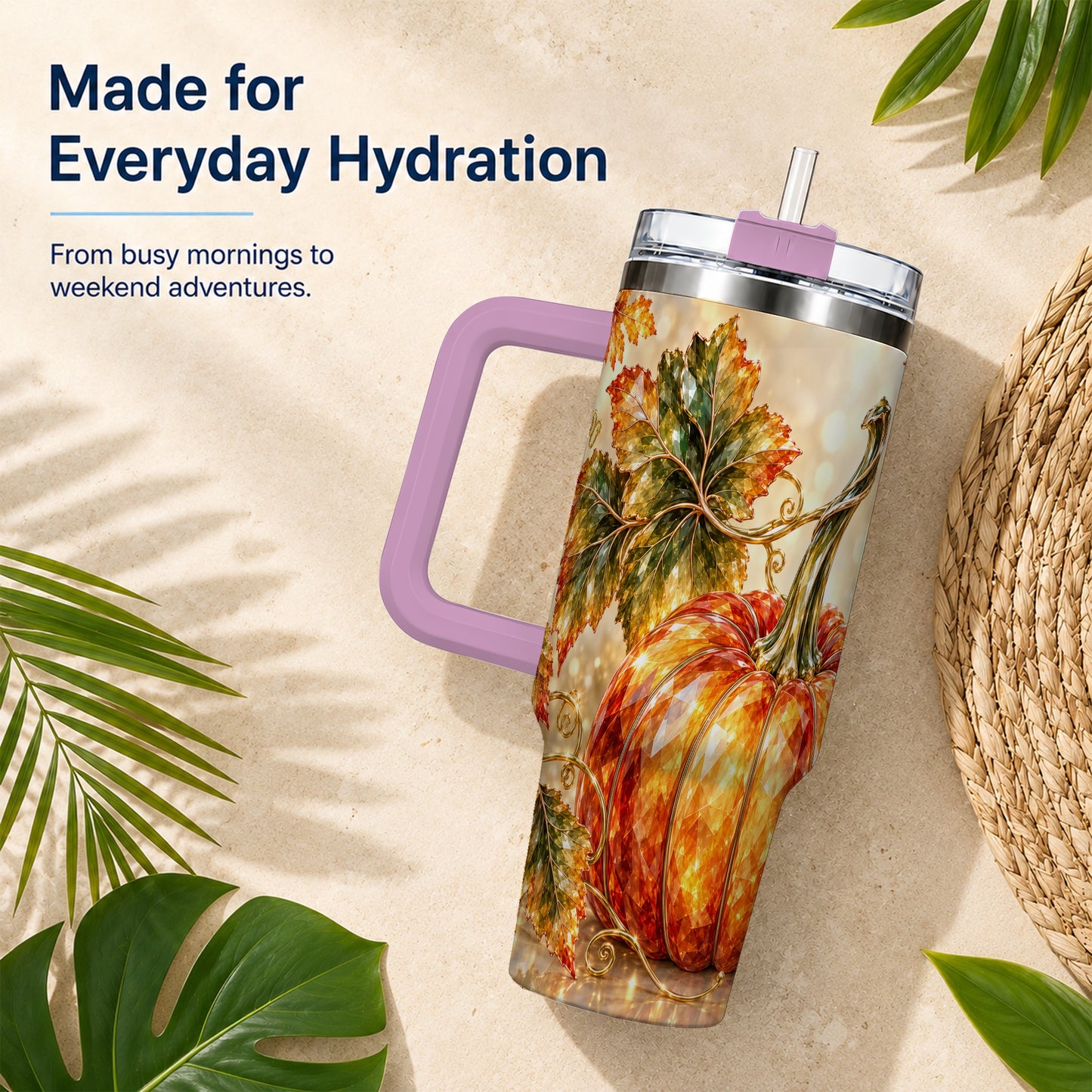 #pl[40oz|Pink] Faceted Pumpkin 40oz Tumbler with Handle, Stainless Steel Travel Cup