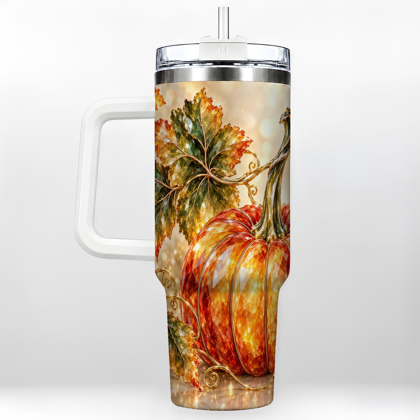 Faceted Pumpkin 40oz Tumbler with Handle, Stainless Steel Travel Cup