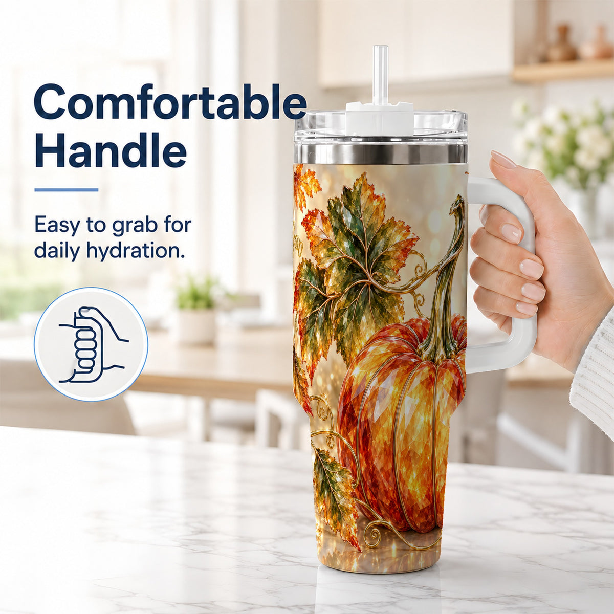#pl[40oz|White] Faceted Pumpkin 40oz Tumbler with Handle, Stainless Steel Travel Cup