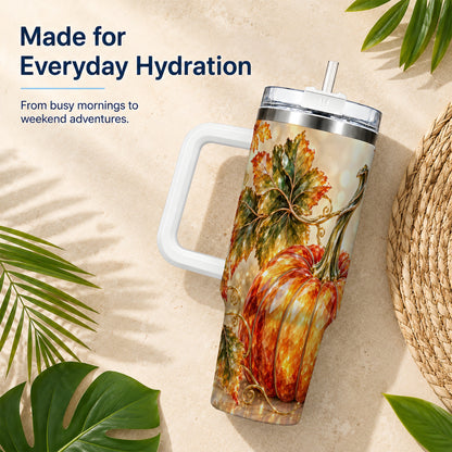 #pl[40oz|White] Faceted Pumpkin 40oz Tumbler with Handle, Stainless Steel Travel Cup