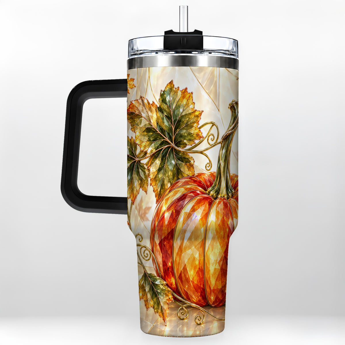 #pl[40oz|Black] Stained Glass Pumpkin 40oz Tumbler with Handle, Stainless Steel Travel Cup