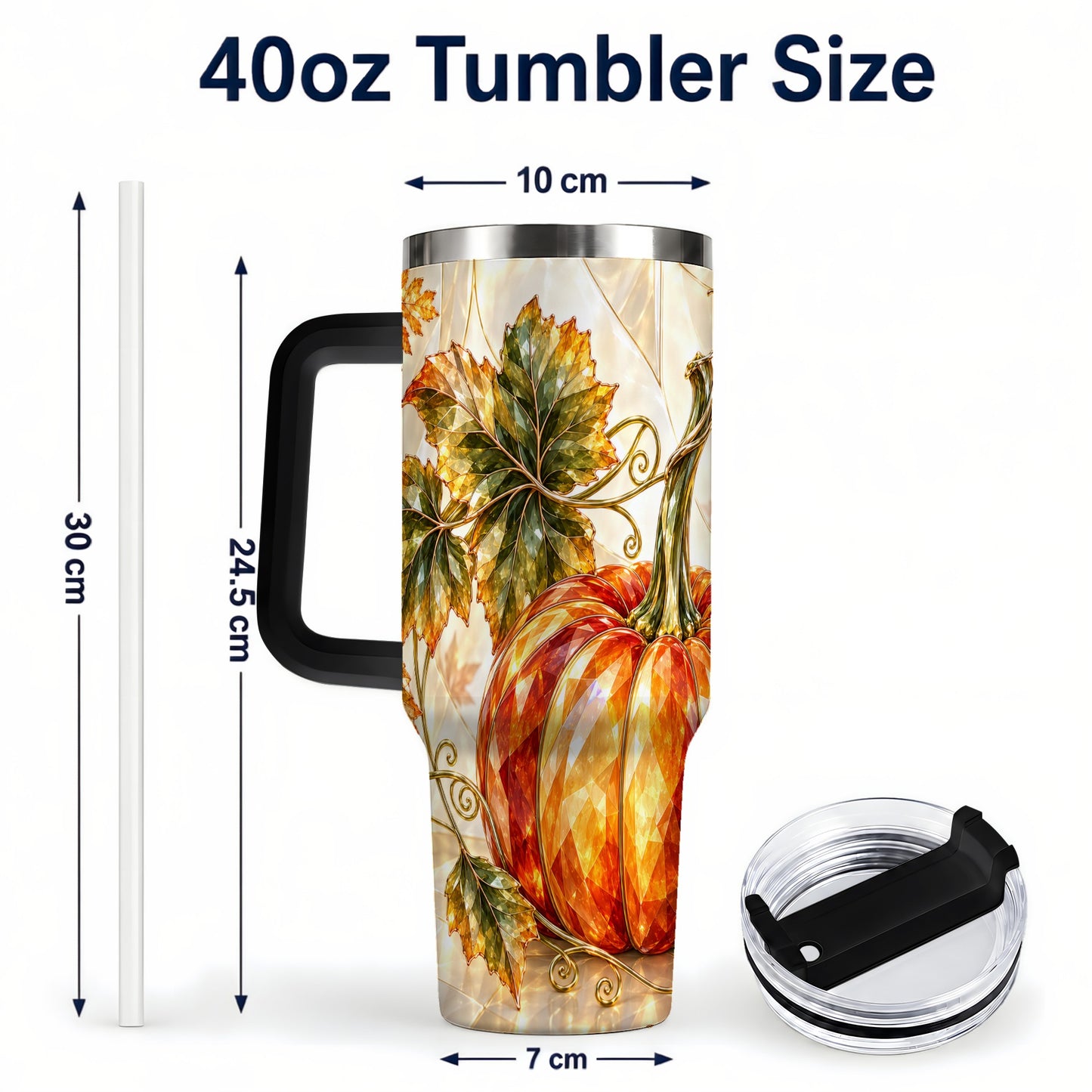 #pl[40oz|Black] Stained Glass Pumpkin 40oz Tumbler with Handle, Stainless Steel Travel Cup