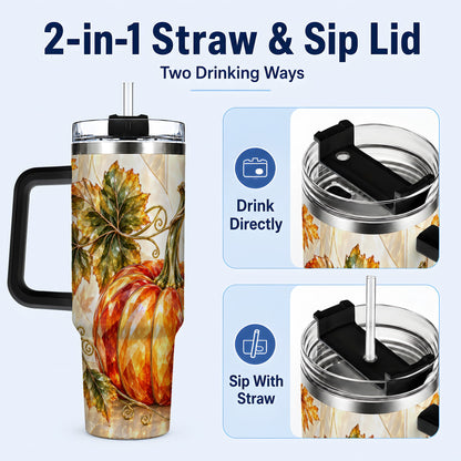 #pl[40oz|Black] Stained Glass Pumpkin 40oz Tumbler with Handle, Stainless Steel Travel Cup